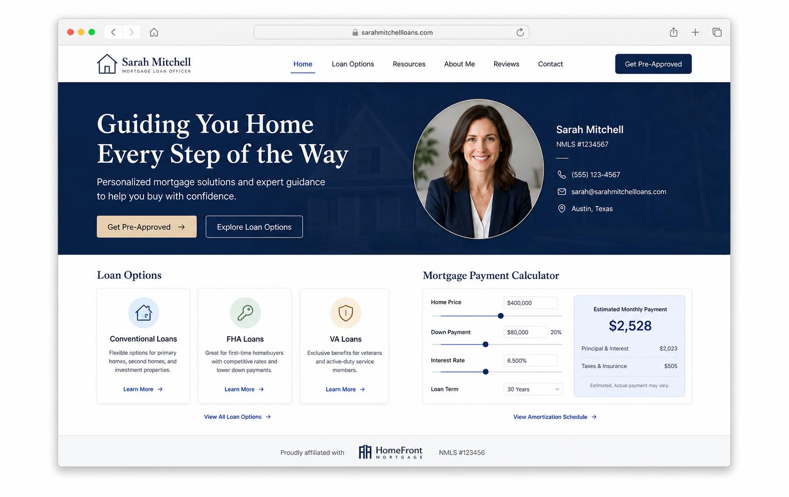 An MLOStack loan officer website showing a navy hero with headshot, loan option cards and a mortgage payment calculator